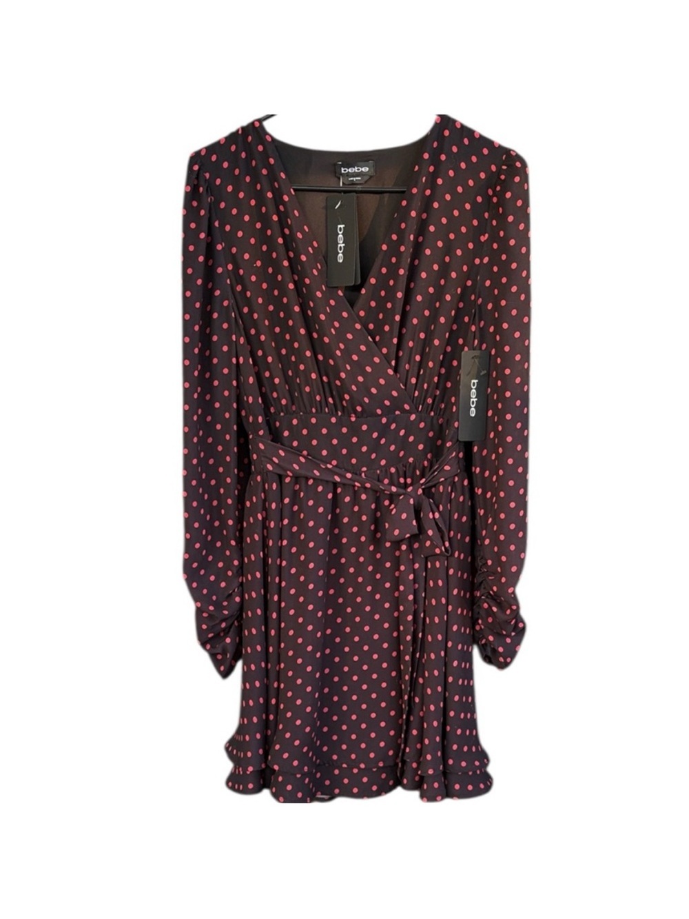 NWT Bebe Faux Wrap Flounce Dress Black Red Polka Dots Size Small Retail $169.00